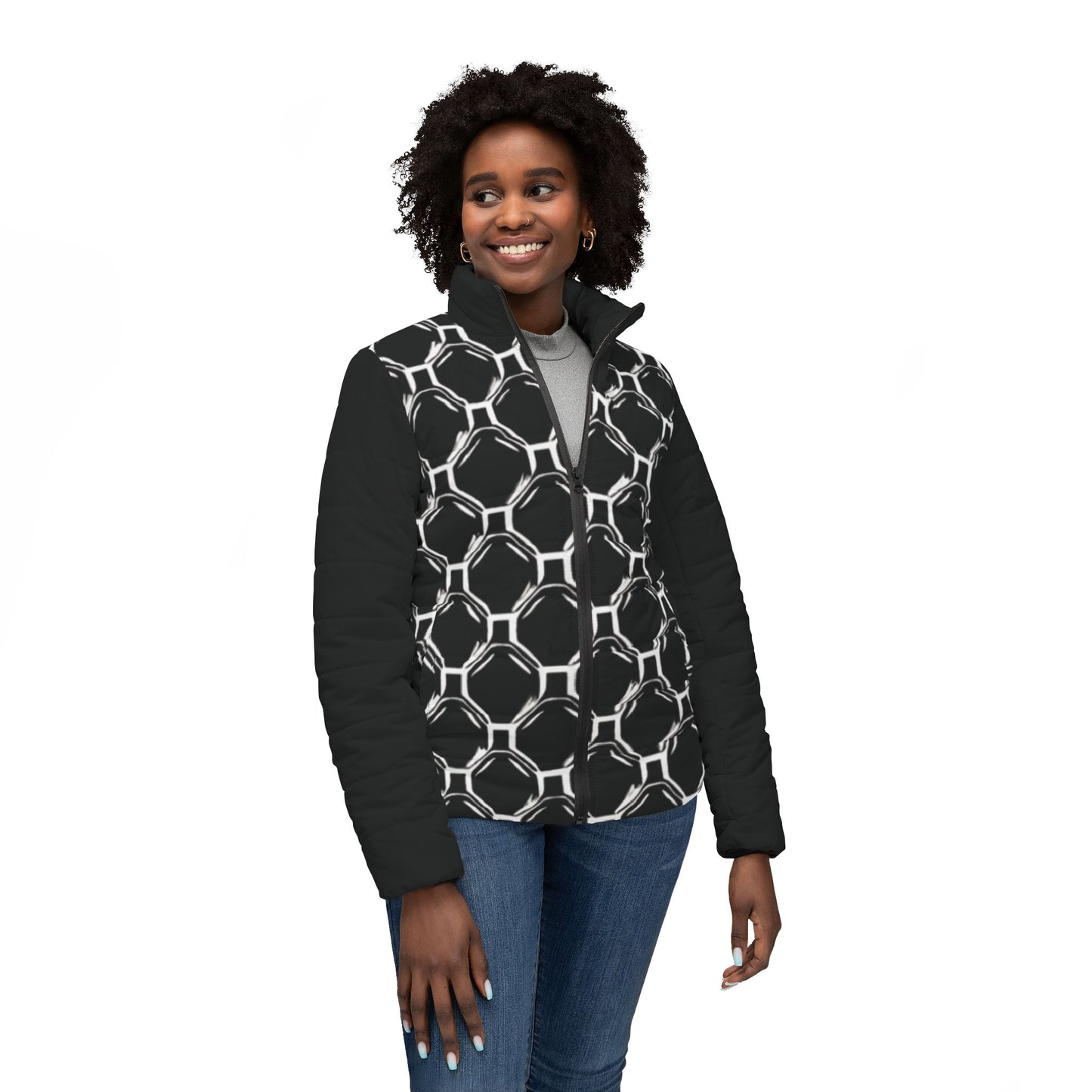 Bad Society Women's Puffer Chain Link Design Lite-Weight Puff Jacket Coat