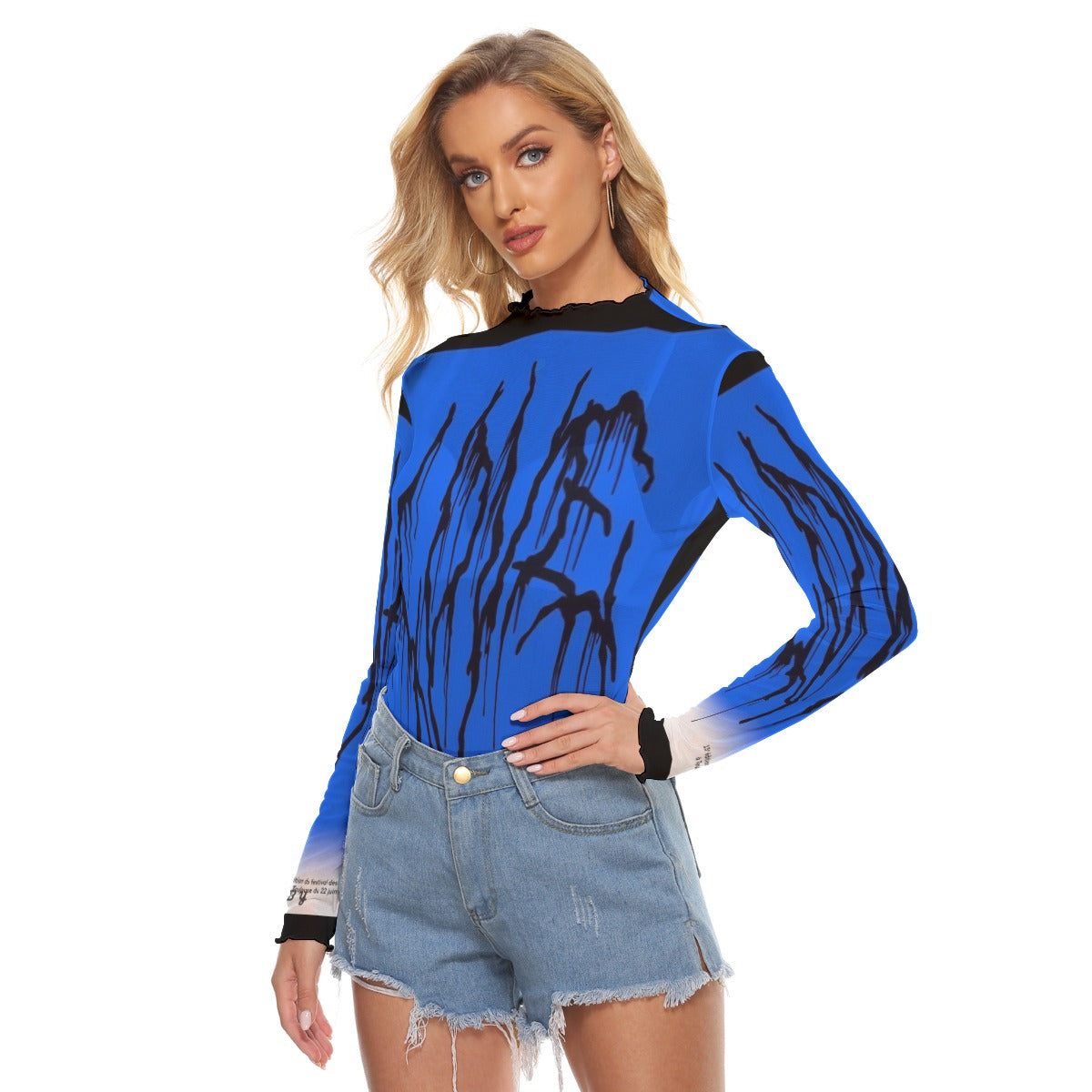 Juniors Womens Mesh Long Sleeve Bad Society Shirt Blouse In Blue Sm to 6XL
