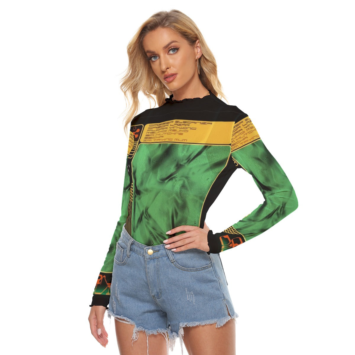 Juniors Womens Mesh Long Sleeve Bad Society Shirt Blouse In Cosmic Green