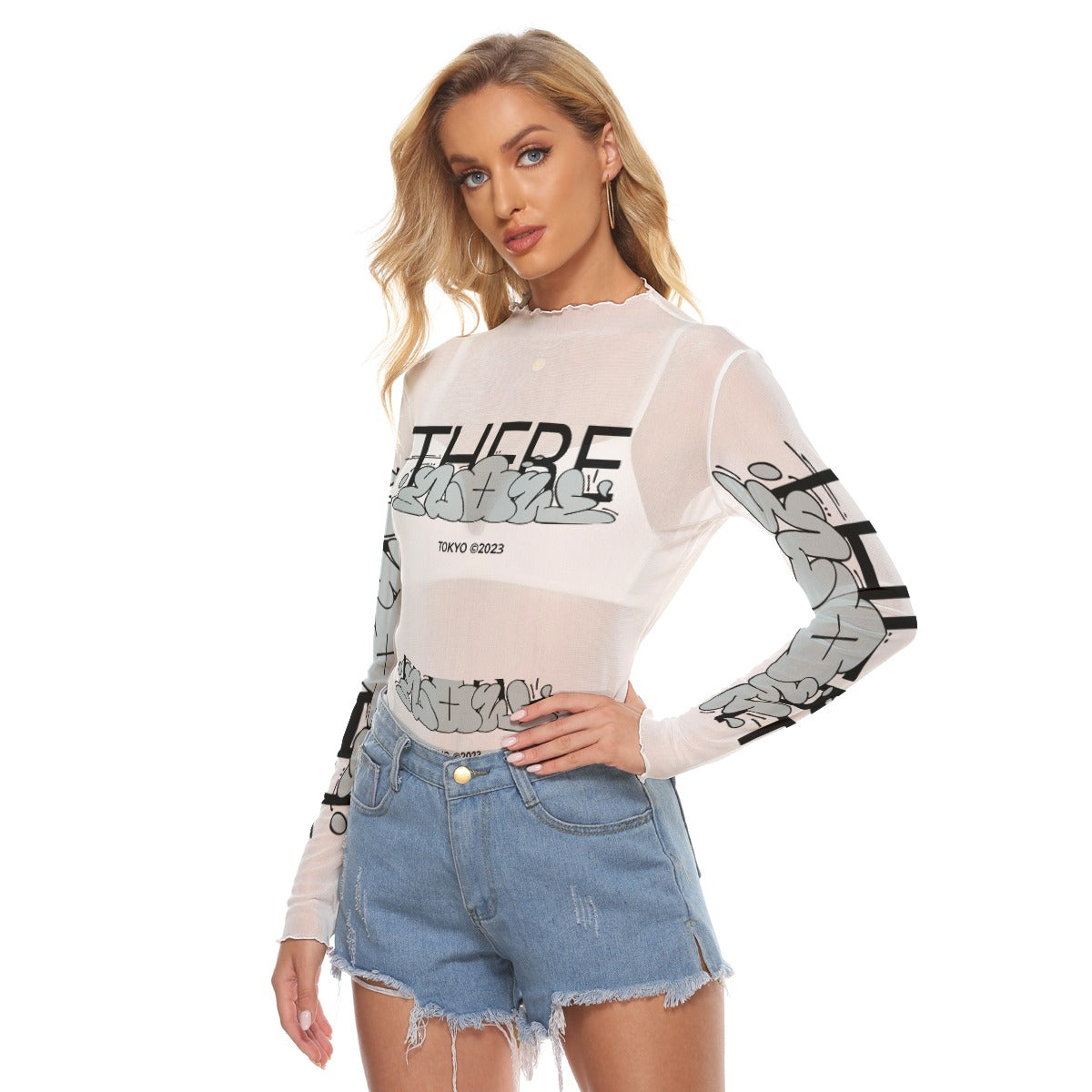 Juniors Womens Mesh Long Sleeve Bad Society Shirt Blouse In White and Grey Small to 5XL