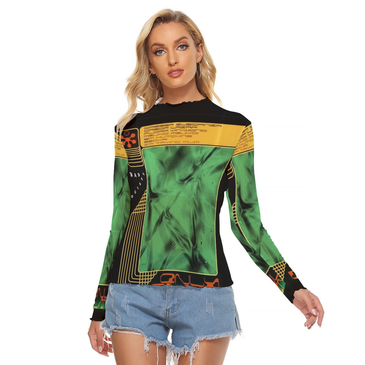 Juniors Womens Mesh Long Sleeve Bad Society Shirt Blouse In Cosmic Green