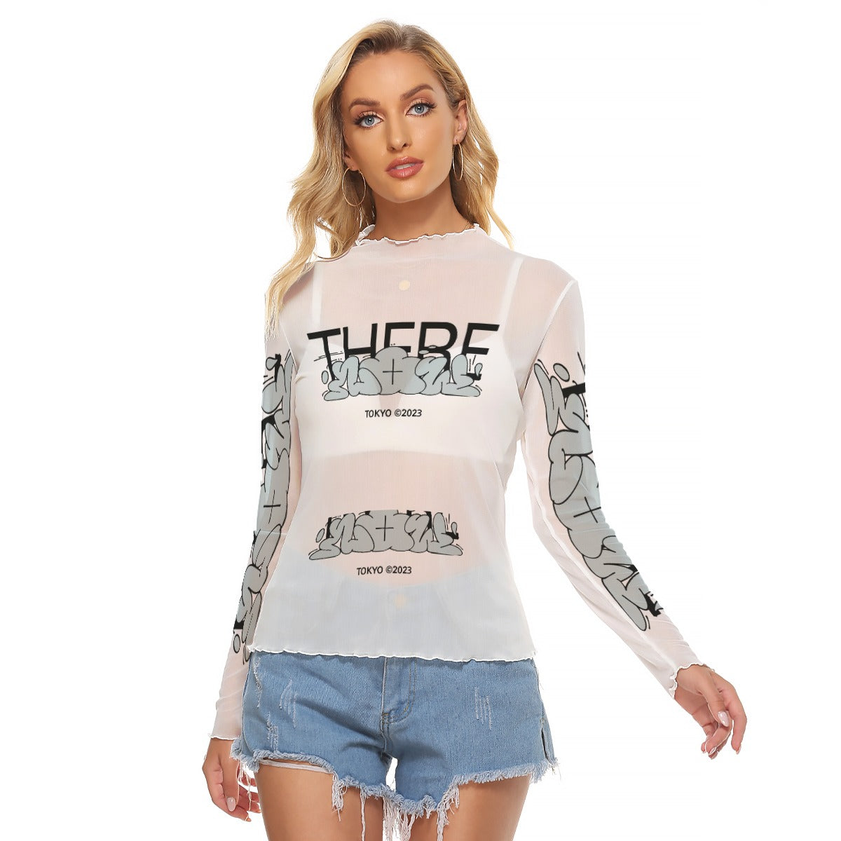 Juniors Womens Mesh Long Sleeve Bad Society Shirt Blouse In White and Grey Small to 5XL