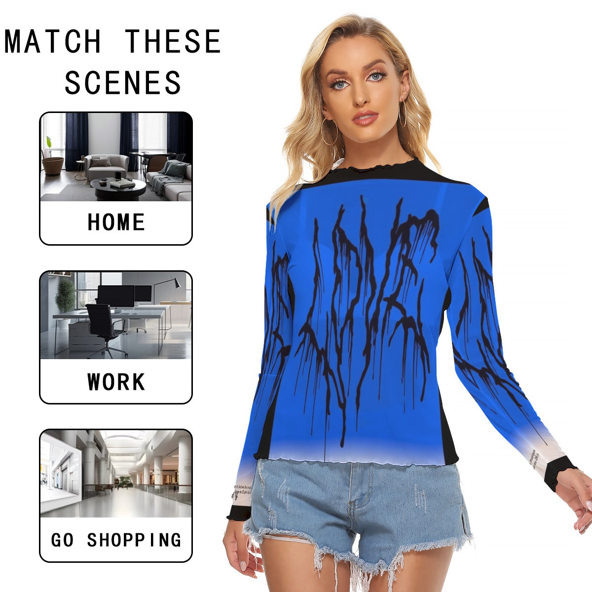 Juniors Womens Mesh Long Sleeve Bad Society Shirt Blouse In Blue Sm to 6XL