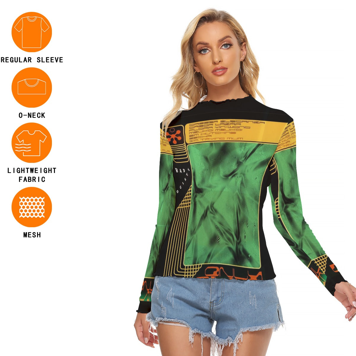 Juniors Womens Mesh Long Sleeve Bad Society Shirt Blouse In Cosmic Green