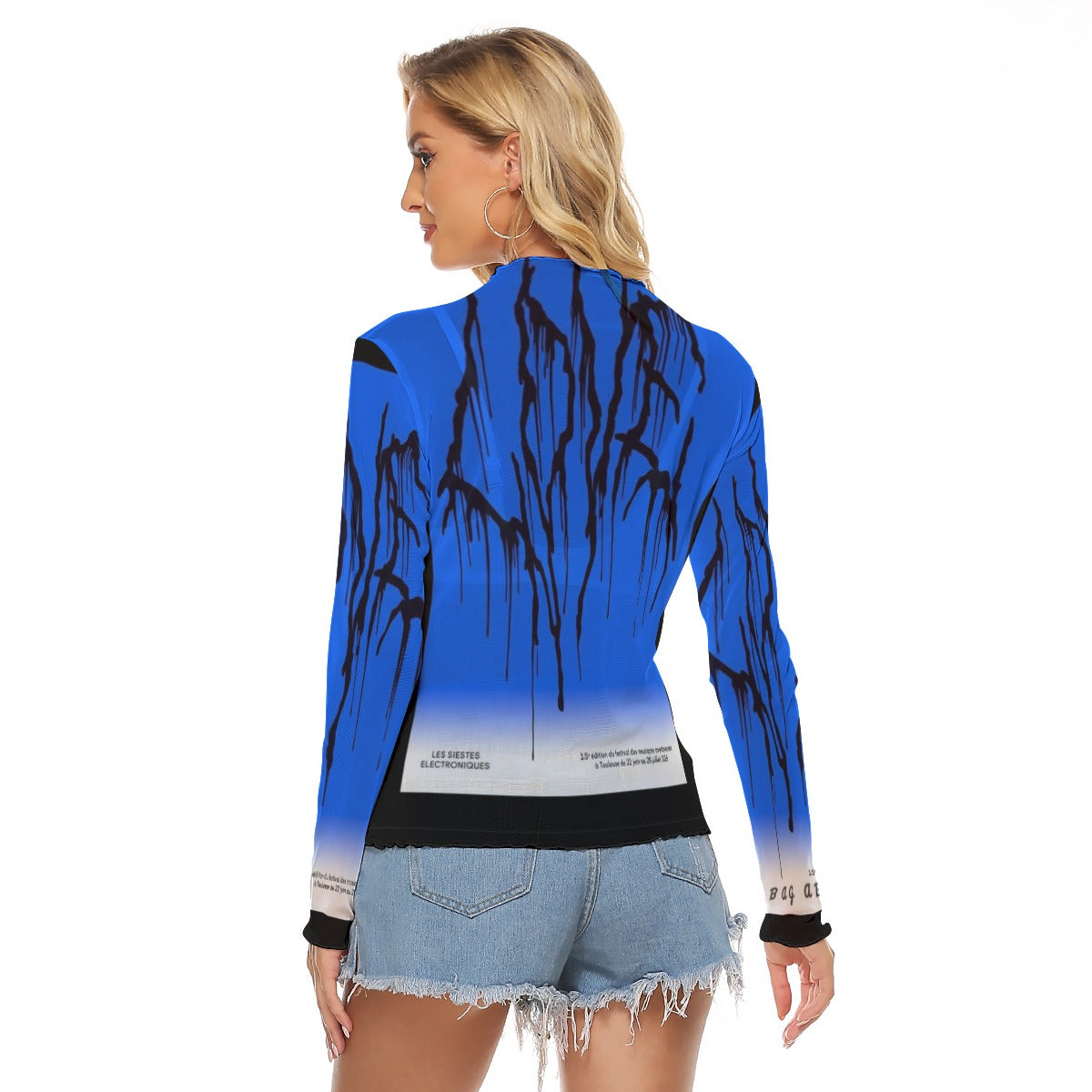 Juniors Womens Mesh Long Sleeve Bad Society Shirt Blouse In Blue Sm to 6XL