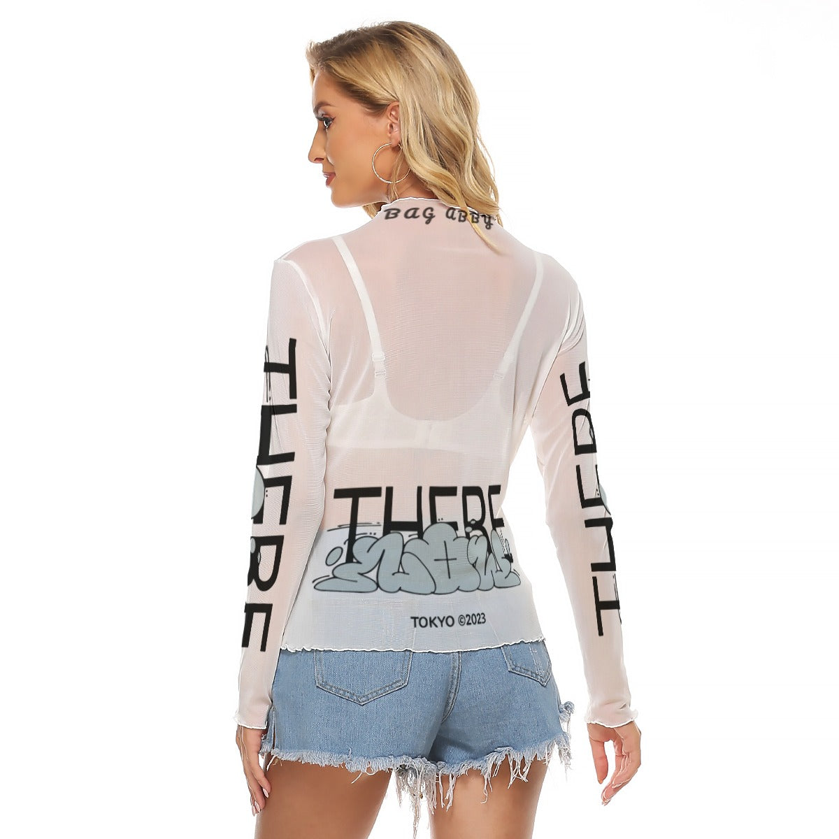 Juniors Womens Mesh Long Sleeve Bad Society Shirt Blouse In White and Grey Small to 5XL